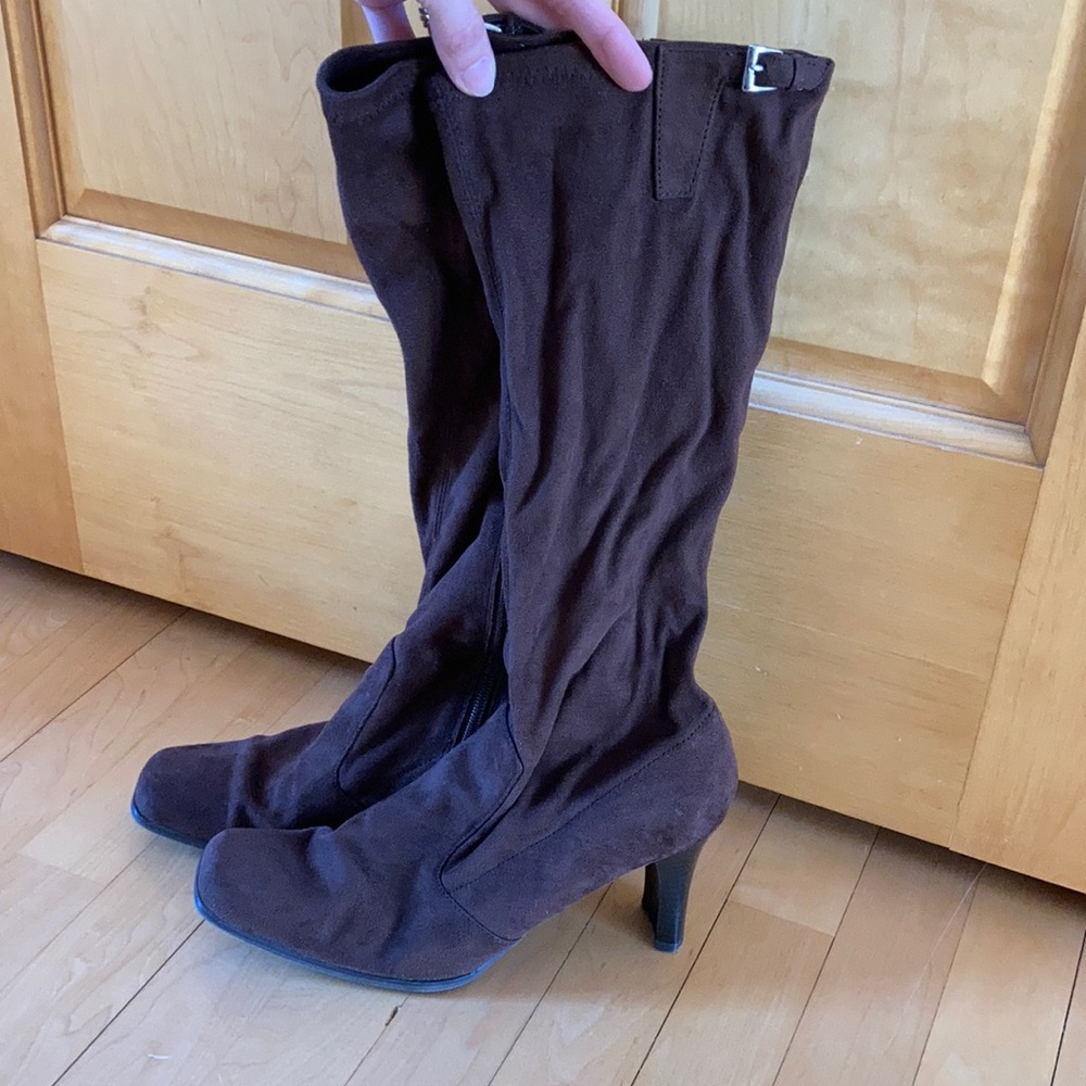 Brown suede heeled boots